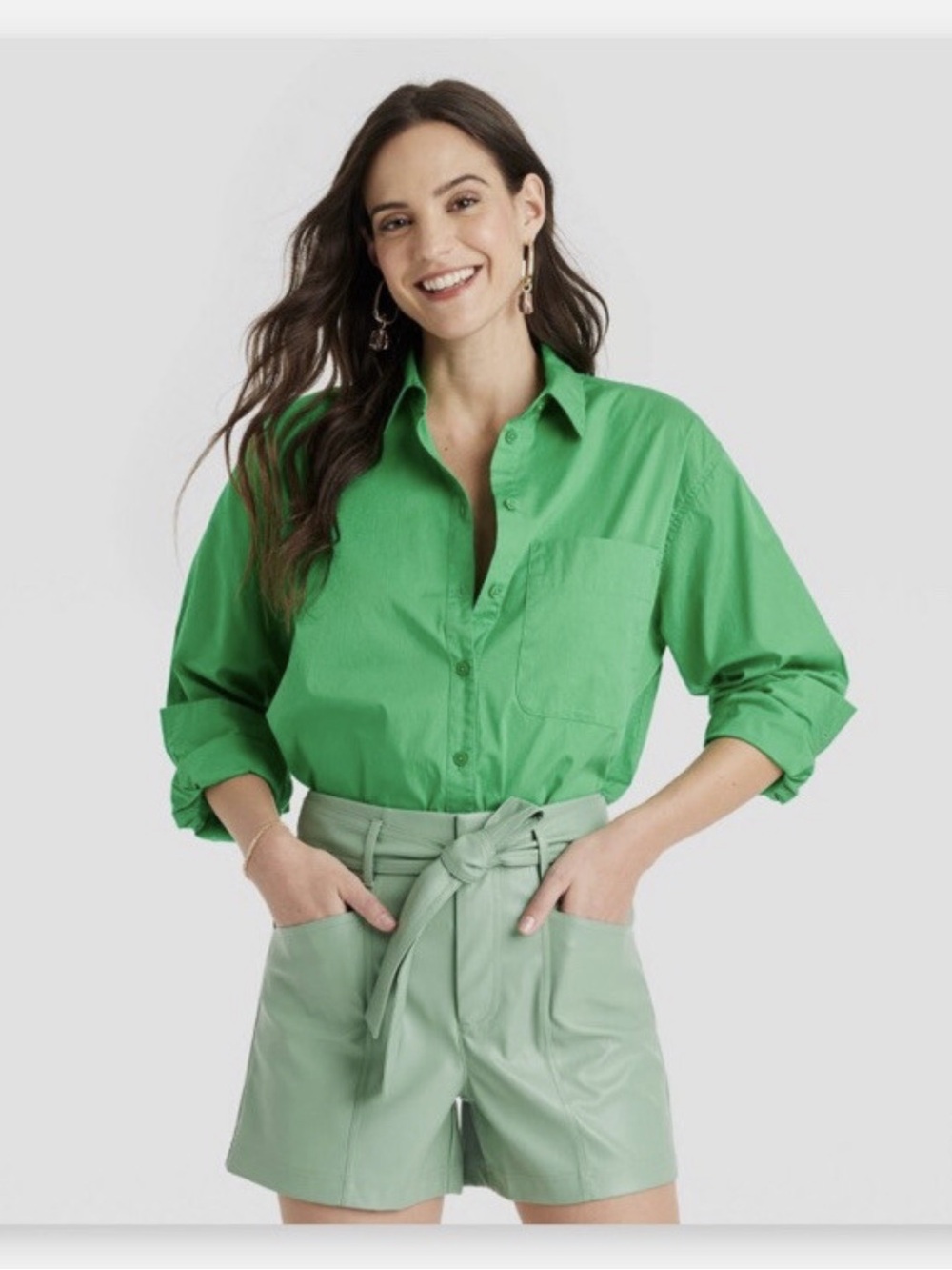 A New Day Long Sleeve Green Poplin Button Up Boyfriend Shirt